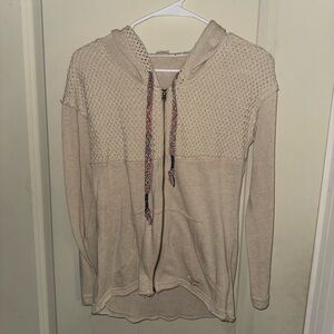 Beige Knit Hoodie with Multicolor Drawstrings